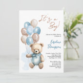 Teddy Bear Boy Blue Balloons Baby shower Invitatio Kaart (Staand voorkant)