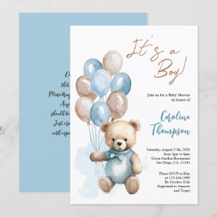 Teddy Bear Boy Blue Balloons Baby shower Invitatio Kaart