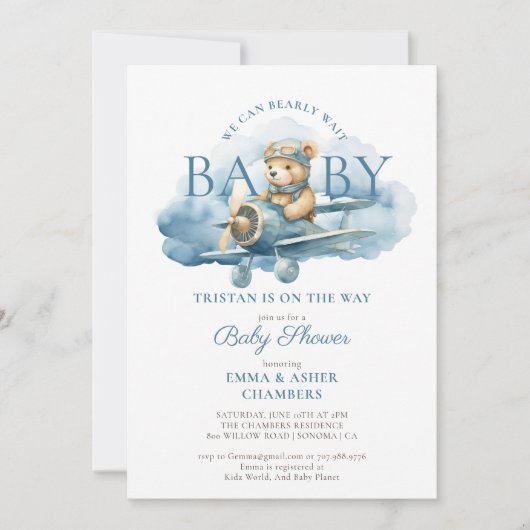 Teddy Bear Boy Blue Barly Wait Baby shower Kaart (Voorkant)