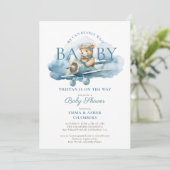 Teddy Bear Boy Blue Barly Wait Baby shower Kaart (Staand voorkant)