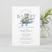Teddy Bear Boy Blue Barly Wait Baby shower Kaart (Staand voorkant)