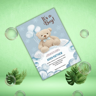 Teddy Bear Boy Blue Barly Wait Baby shower Kaart