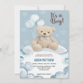Teddy Bear Boy Blue Barly Wait Baby shower Kaart (Voorkant)