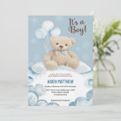 Teddy Bear Boy Blue Barly Wait Baby shower Kaart (Staand voorkant)
