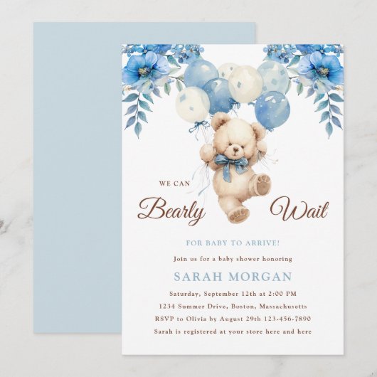Teddy Bear Boy Blue | Boho Bearly Wait Baby Shower Kaart (Voorkant / Achterkant)