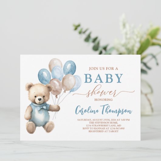 Teddy Bear Boy Blue Pastel Brown Baby shower Kaart (Staand voorkant)