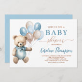 Teddy Bear Boy Blue Pastel Brown Baby shower Kaart (Voorkant / Achterkant)