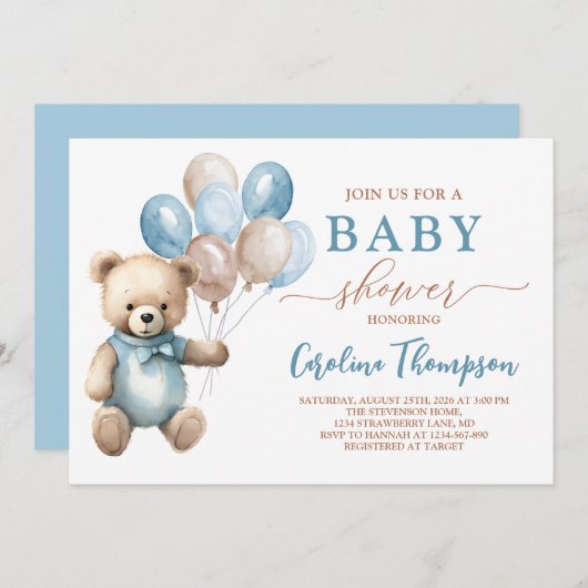 Teddy Bear Boy Blue Pastel Brown Baby shower Kaart (Voorkant / Achterkant)