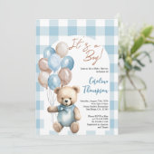 Teddy Bear Boy Blue Plaid Arch Baby shower Kaart (Staand voorkant)