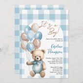 Teddy Bear Boy Blue Plaid Arch Baby shower Kaart (Voorkant / Achterkant)