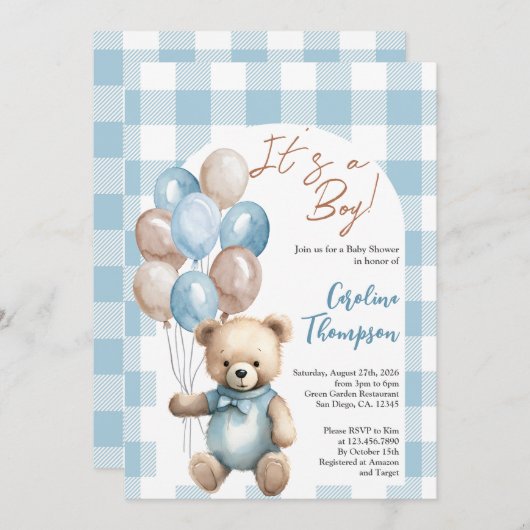 Teddy Bear Boy Blue Plaid Arch Baby shower Kaart (Voorkant / Achterkant)