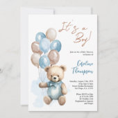Teddy Bear Boy Blue Plaid Baby shower Invitatio Kaart (Voorkant)
