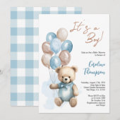 Teddy Bear Boy Blue Plaid Baby shower Invitatio Kaart (Voorkant / Achterkant)