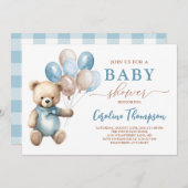 Teddy Bear Boy Blue Plaid Pastel Baby shower Kaart (Voorkant / Achterkant)