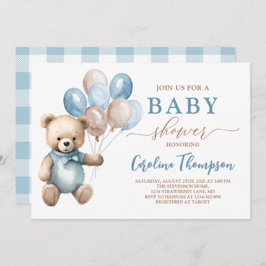 Teddy Bear Boy Blue Plaid Pastel Baby shower Kaart (Voorkant / Achterkant)
