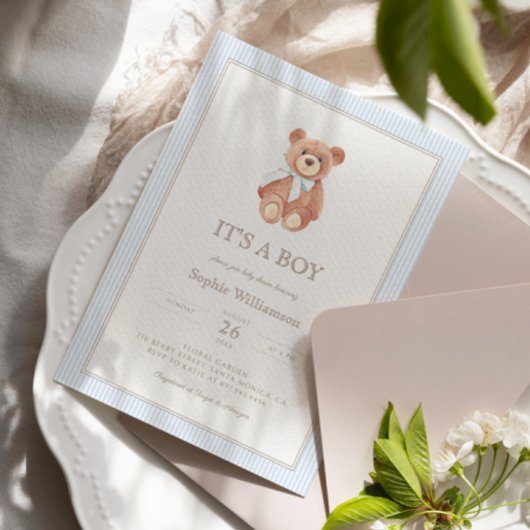 Teddy Bear Boy Classic Baby shower Invitation Kaart