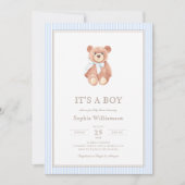 Teddy Bear Boy Classic Baby shower Invitation Kaart (Voorkant)