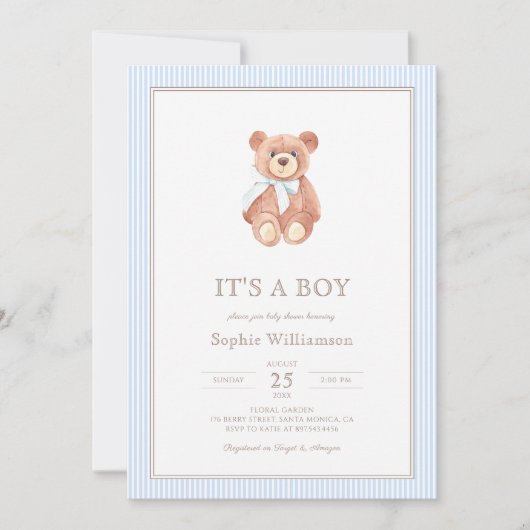Teddy Bear Boy Classic Baby shower Invitation Kaart (Voorkant)