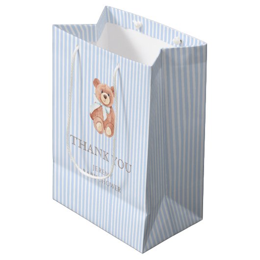 Teddy Bear Boy Classic Blue Stripe Baby shower Medium Cadeauzakje (Voorkant Gekanteld)
