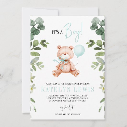 Teddy Bear Boy Greenery Baby shower Kaart (Voorkant)