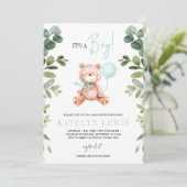 Teddy Bear Boy Greenery Baby shower Kaart (Staand voorkant)