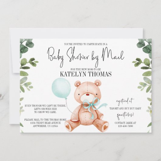 Teddy Bear Boy Greenery Baby shower van Mail Kaart (Voorkant)
