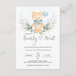 Teddy Bear Boy, Greenery Foliage Baby shower Informatiekaartje