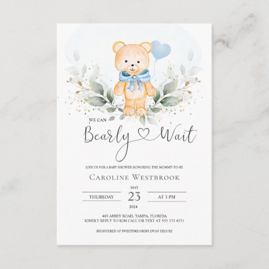 Teddy Bear Boy, Greenery Foliage Baby shower Informatiekaartje (Voorkant)