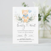 Teddy Bear Boy, Greenery Foliage Baby shower Informatiekaartje (Staand voorkant)