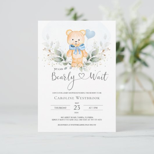 Teddy Bear Boy, Greenery Foliage Baby shower Informatiekaartje (Staand voorkant)