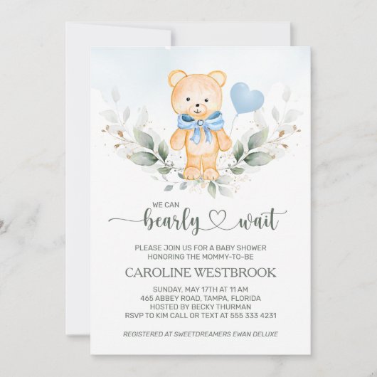 Teddy Bear Boy, Greenery Foliage Baby shower Kaart (Voorkant)