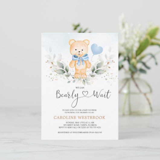 Teddy Bear Boy, Greenery Foliage Baby shower Kaart (Staand voorkant)