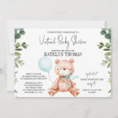 Teddy Bear Boy Greenery Virtual Baby shower Kaart (Voorkant)