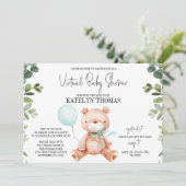 Teddy Bear Boy Greenery Virtual Baby shower Kaart (Staand voorkant)