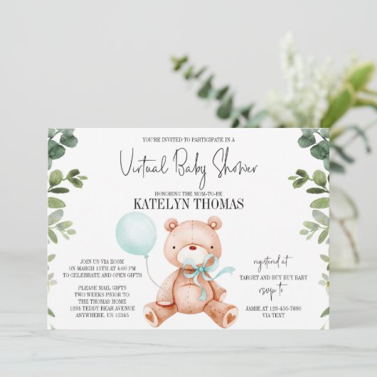 Teddy Bear Boy Greenery Virtual Baby shower Kaart (Staand voorkant)