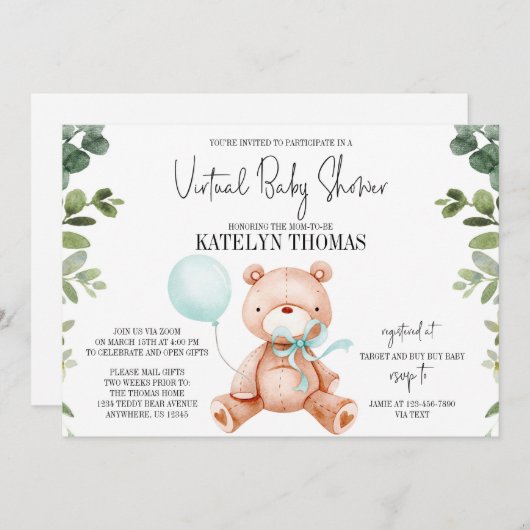 Teddy Bear Boy Greenery Virtual Baby shower Kaart (Voorkant / Achterkant)