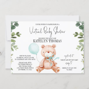 Teddy Bear Boy Greenery Virtual Baby shower Kaart