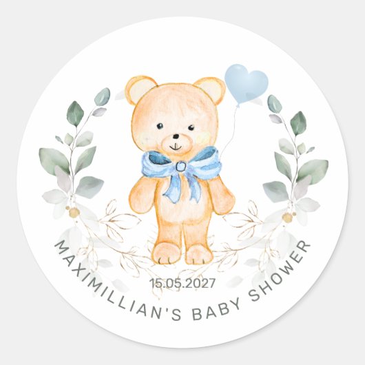 Teddy Bear Boy groen bladeren Baby shower Ronde Sticker (Voorkant)