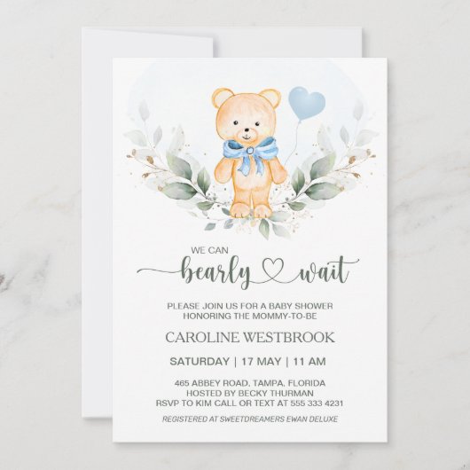 Teddy Bear Boy Groen Foliage Baby shower Invit Kaart (Voorkant)