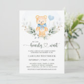 Teddy Bear Boy Groen Foliage Baby shower Invit Kaart (Staand voorkant)