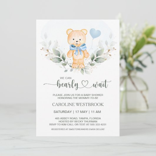 Teddy Bear Boy Groen Foliage Baby shower Invit Kaart (Staand voorkant)