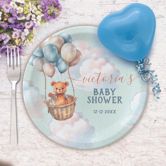 Teddy Bear Boy Hete Luchtballon Baby shower Papieren Bordje