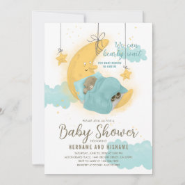 Teddy Bear Boy Moon Stars Blue Baby shower Kaart