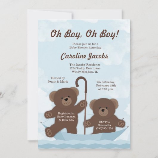 Teddy Bear Boy Twins Baby shower Kaart (Voorkant)