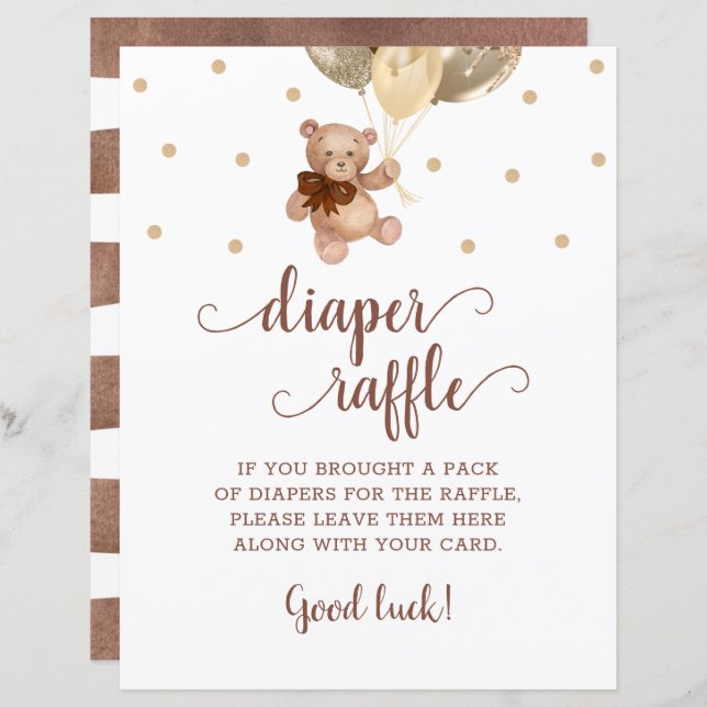 Teddy Bear Brown en Gold Diaper Raffle Game (Voorkant / Achterkant)