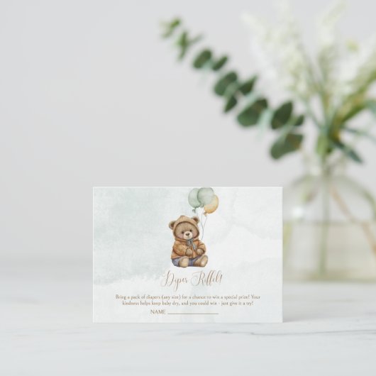 Teddy Bear Brown Sage Green Balloons Baby Informatiekaartje (Staand voorkant)