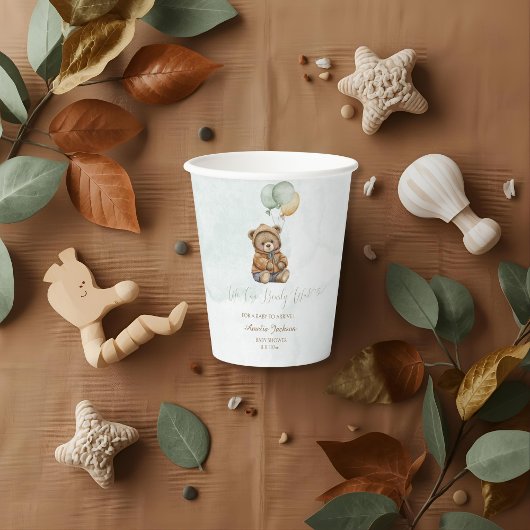 Teddy Bear Brown Sage Green Balloons Baby Papieren Bekers