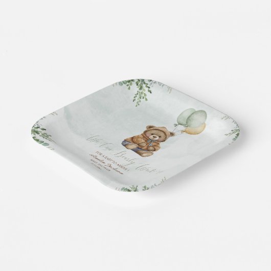 Teddy Bear Brown Sage Green Balloons Baby Papieren Bordje (Gebogen)