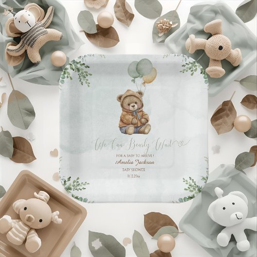 Teddy Bear Brown Sage Green Balloons Baby Papieren Bordje