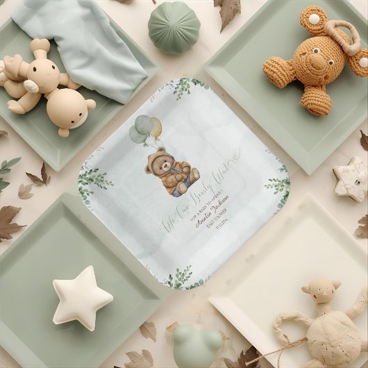 Teddy Bear Brown Sage Green Balloons Baby Papieren Bordje
